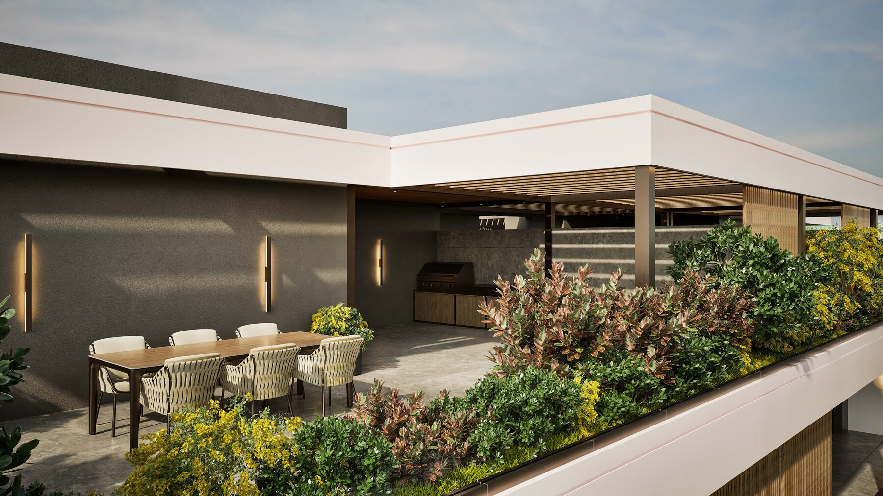 Roof garden της ELEVIA με υπαίθριο καθιστικό και πέργκολα
