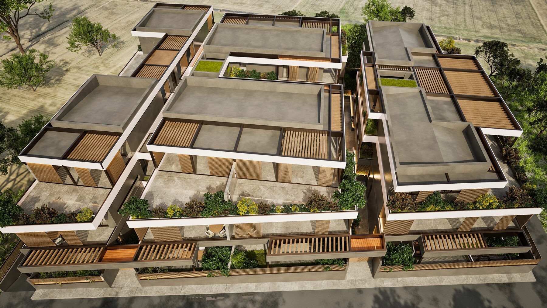Πανοραμική κάτοψη render της ELEVIA με τα κτίρια και τους κοινόχρηστους χώρους